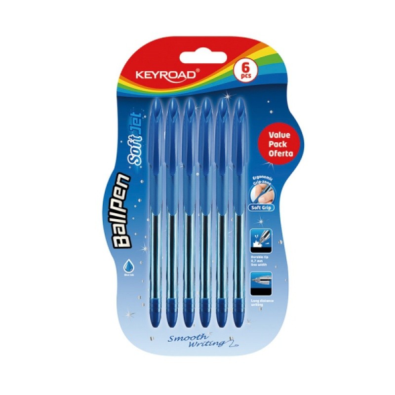 CLASSIC BALL POINT PEN, KEYROAD, WITH SOFT GRIP ZONE,  0.7MM TIP,  BLUE INK, 6PCS/BLISTER CARD